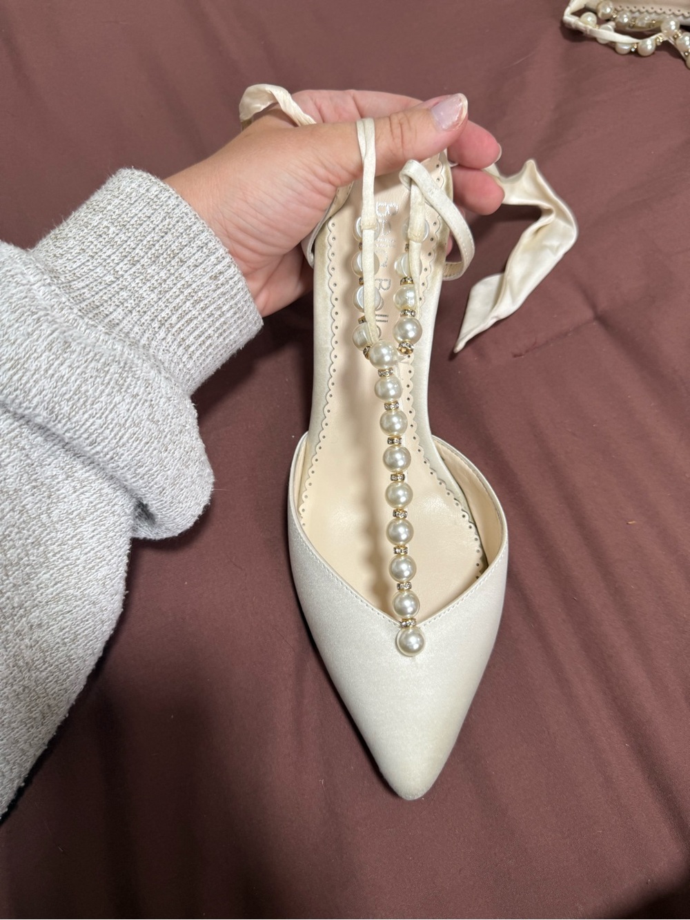 Bella Belle Lisbeth Bridal Heels- Pearl-Trim Satin Pointed-Toe Heels in Ivory - Picture 9 of 15